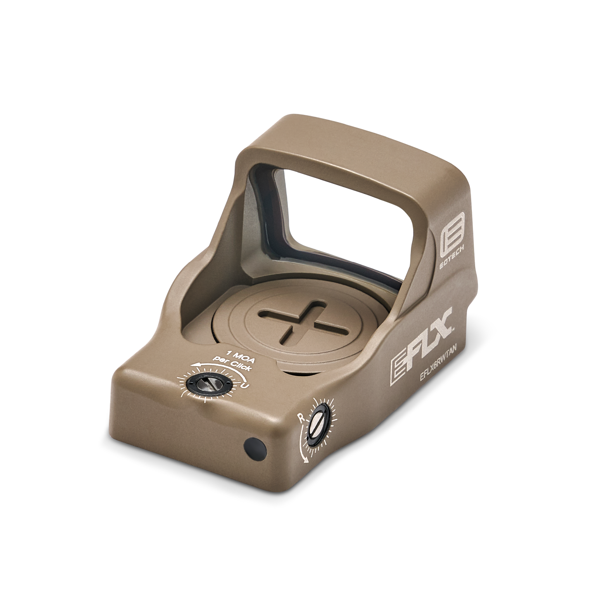 Tan  EOTECH EFLX sight with red dot on a white background