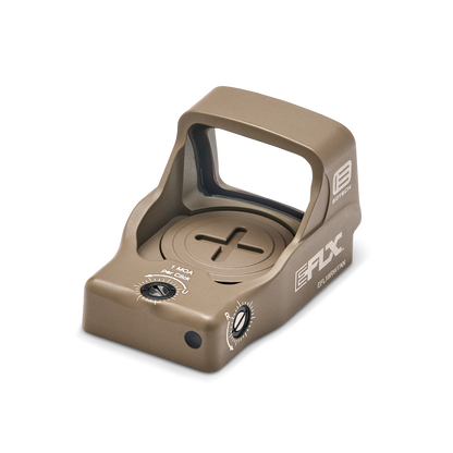 Tan  EOTECH EFLX sight with red dot on a white background
