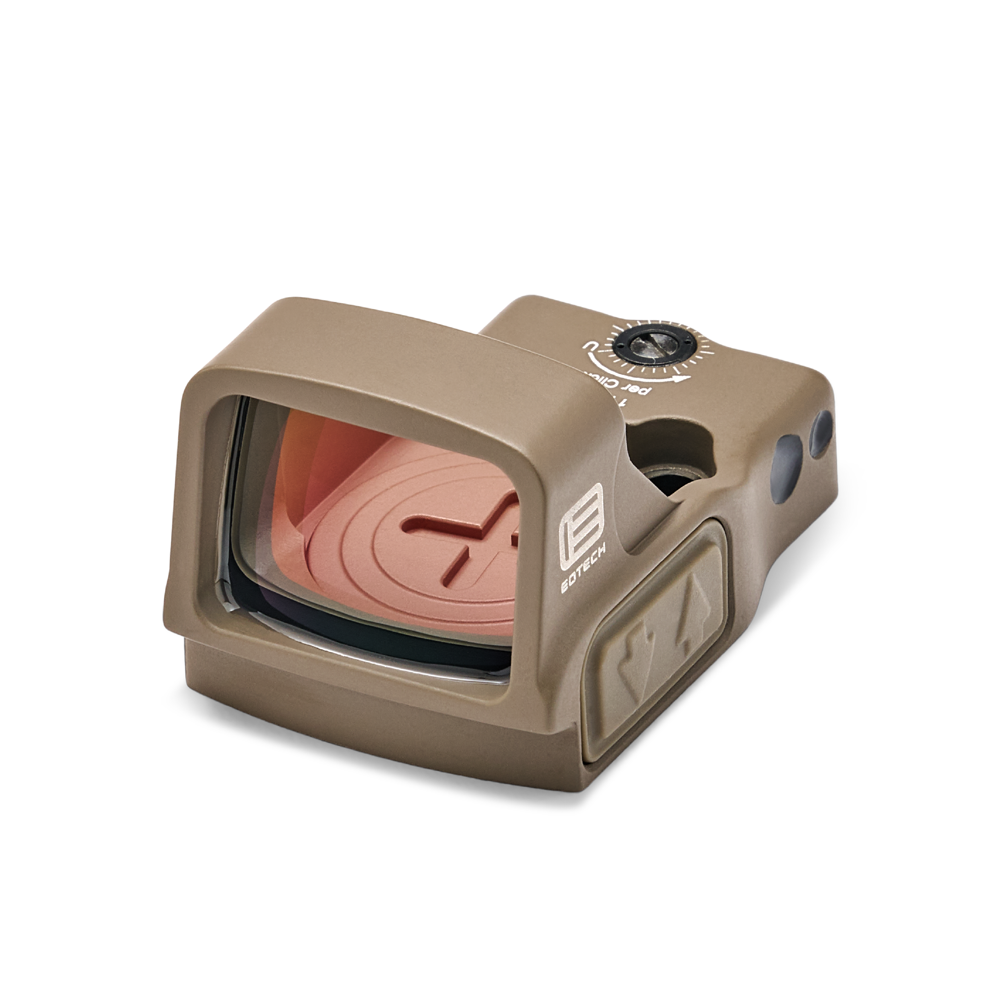 Tan  EOTECH EFLX sight with red dot on a white background
