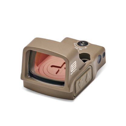 Tan  EOTECH EFLX sight with red dot on a white background