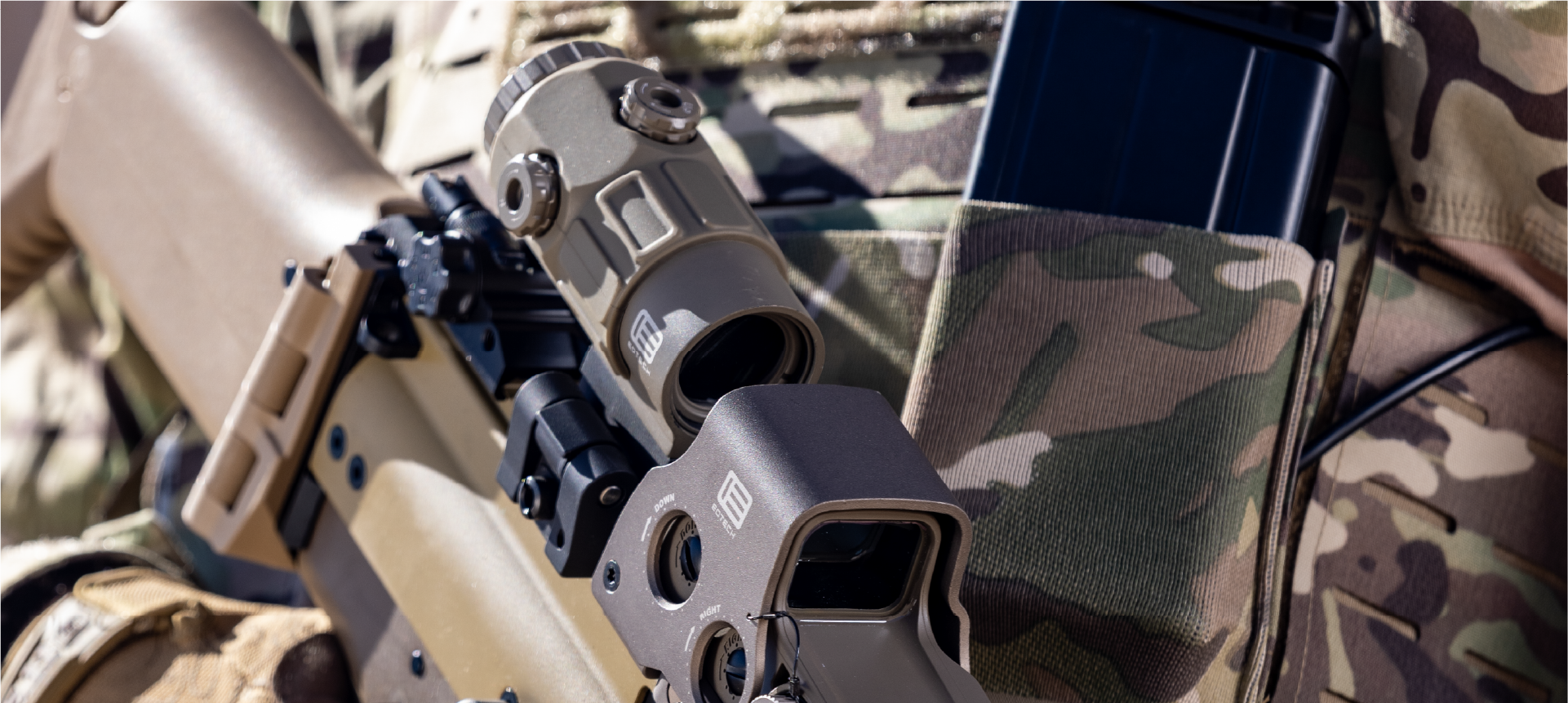 Close-up of a rifle with mounted EOTECH HWS optic and a G45 magnifier, on a camouflage background.
