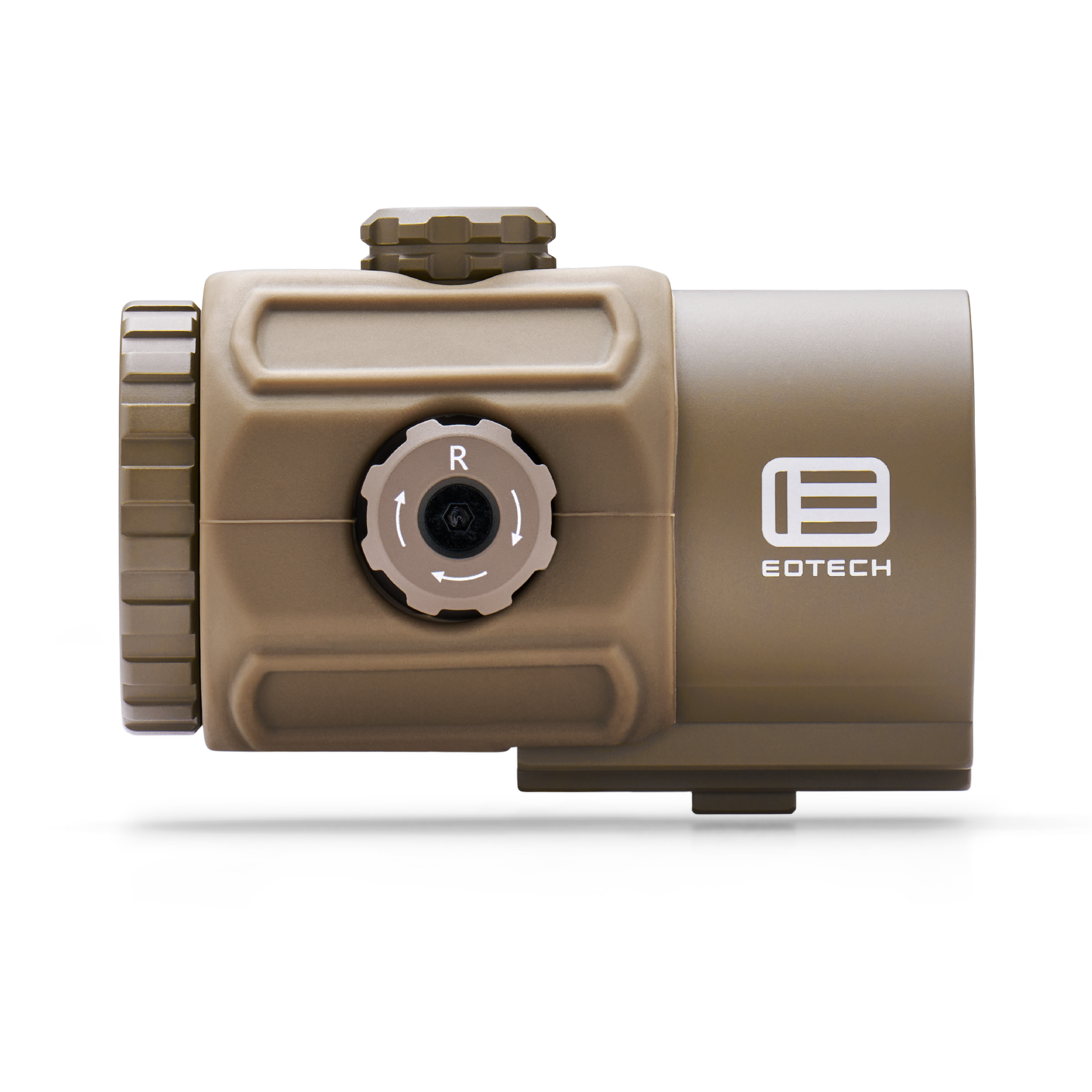 Tan EOTECH G43 magnifier with no mount on a white background