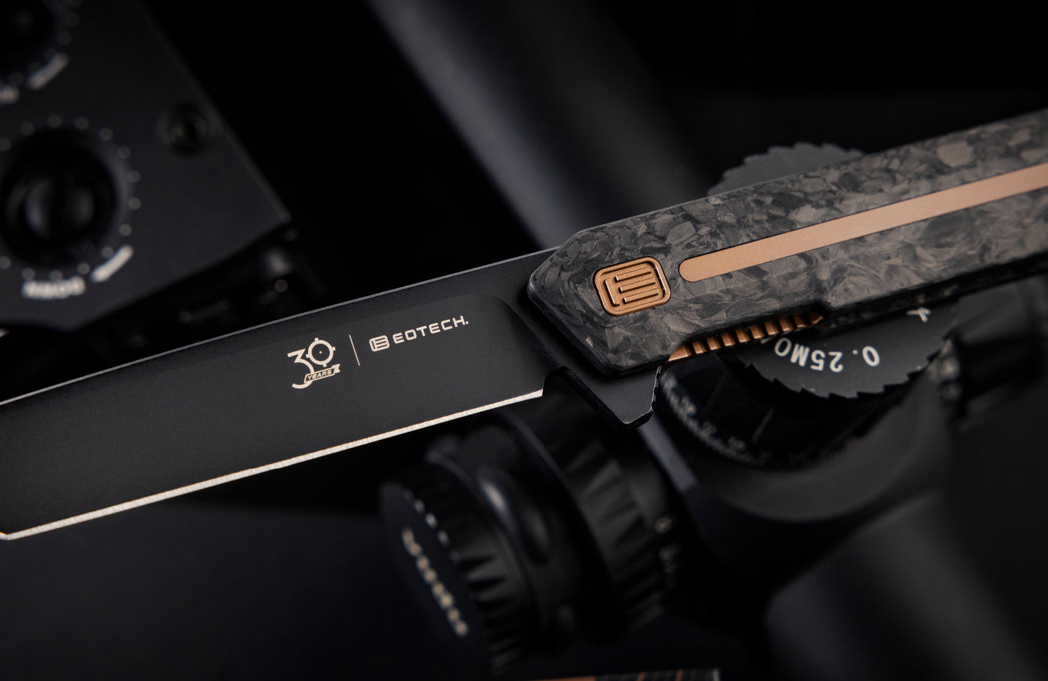 Close-up of a EOTECH knife with a focus on the blade and handle