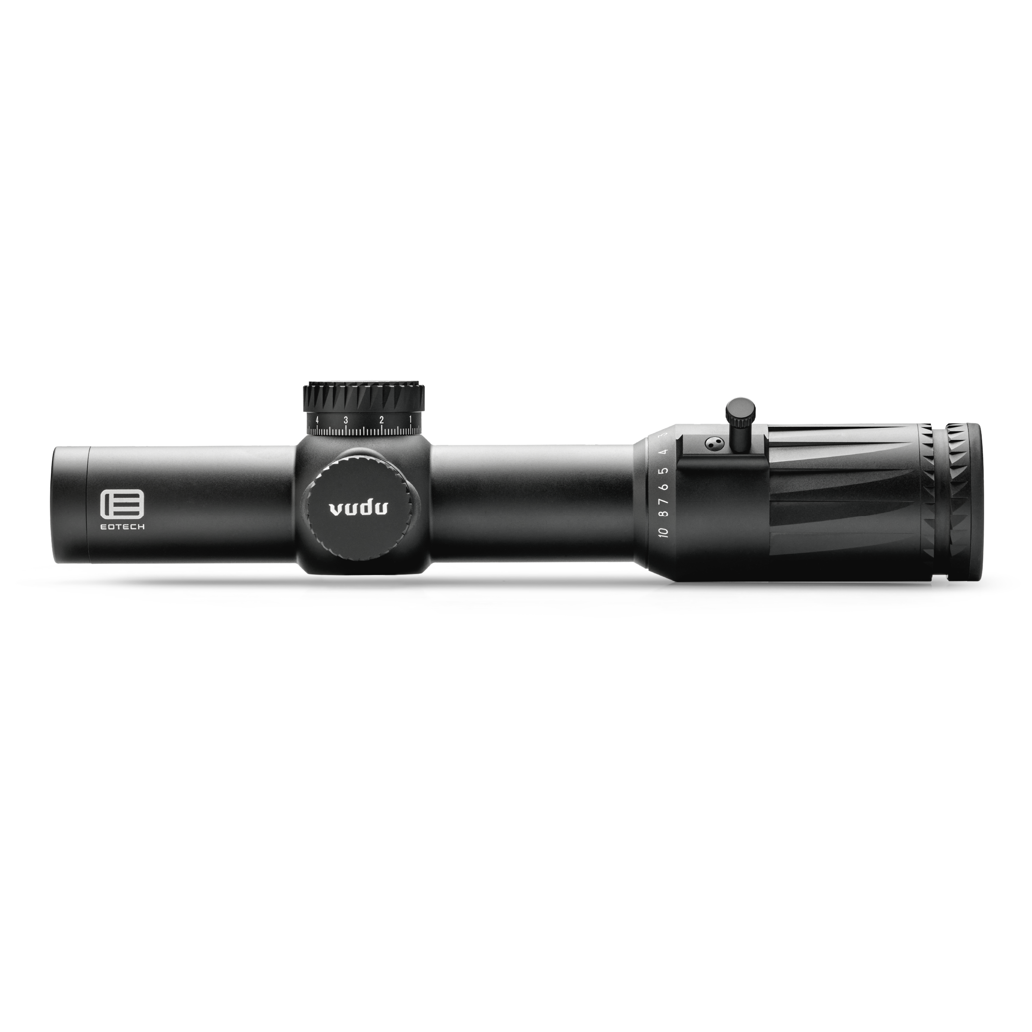 Black rifle scope with 'vudu' branding on a white background