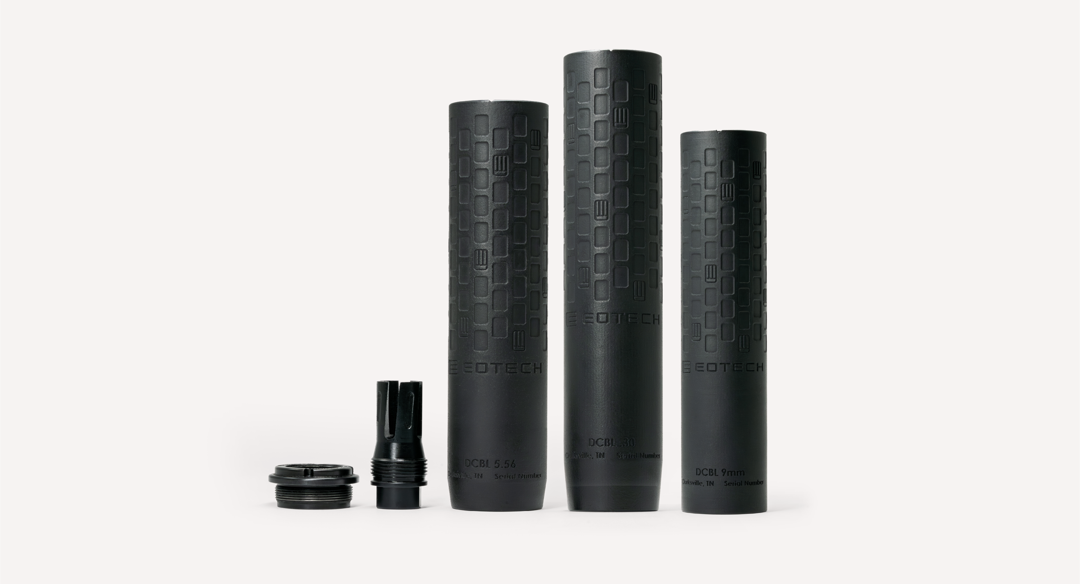 EOTECH DCBLS black suppressors on a white background