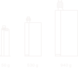 Three minimalist bottle silhouettes in ascending size, labeled 50 g, 530 g, and 940 g, on a plain white background.