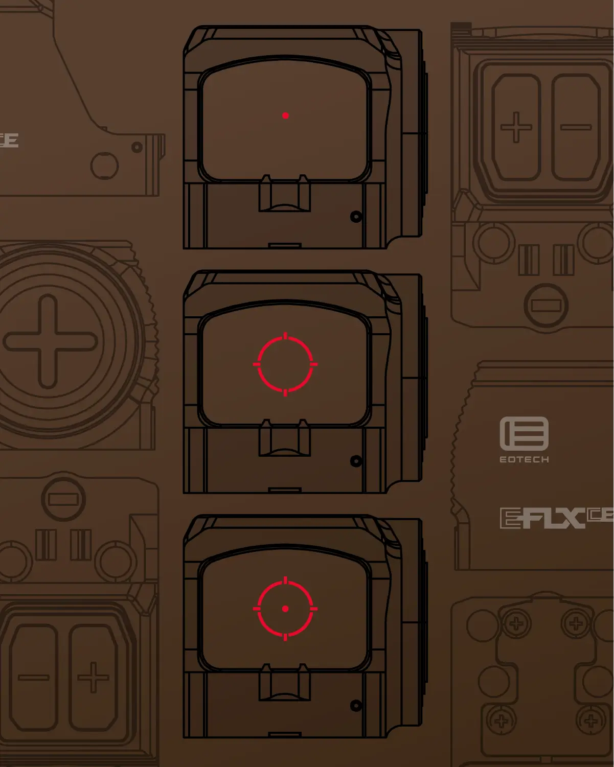 Wireframes of a EFLX CE displaying the switchable reticle