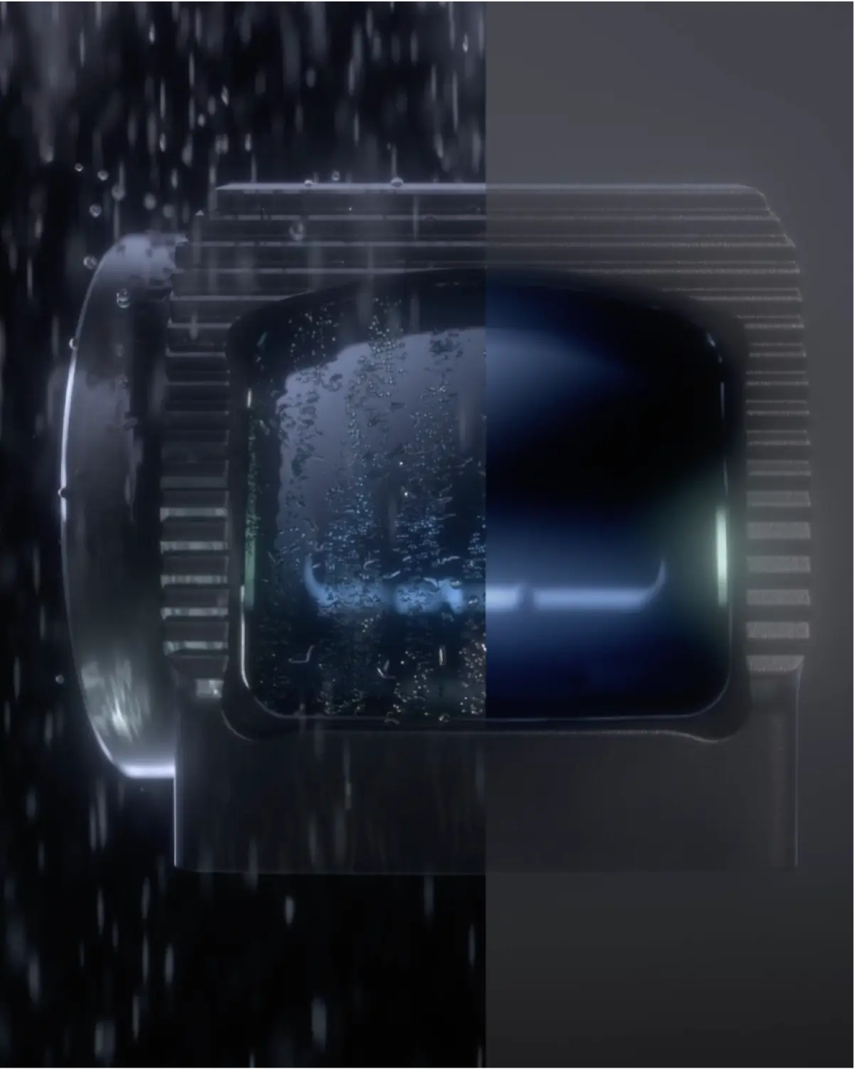 Close-up of the front of EFLX CE with water droplets and fog on a dark background