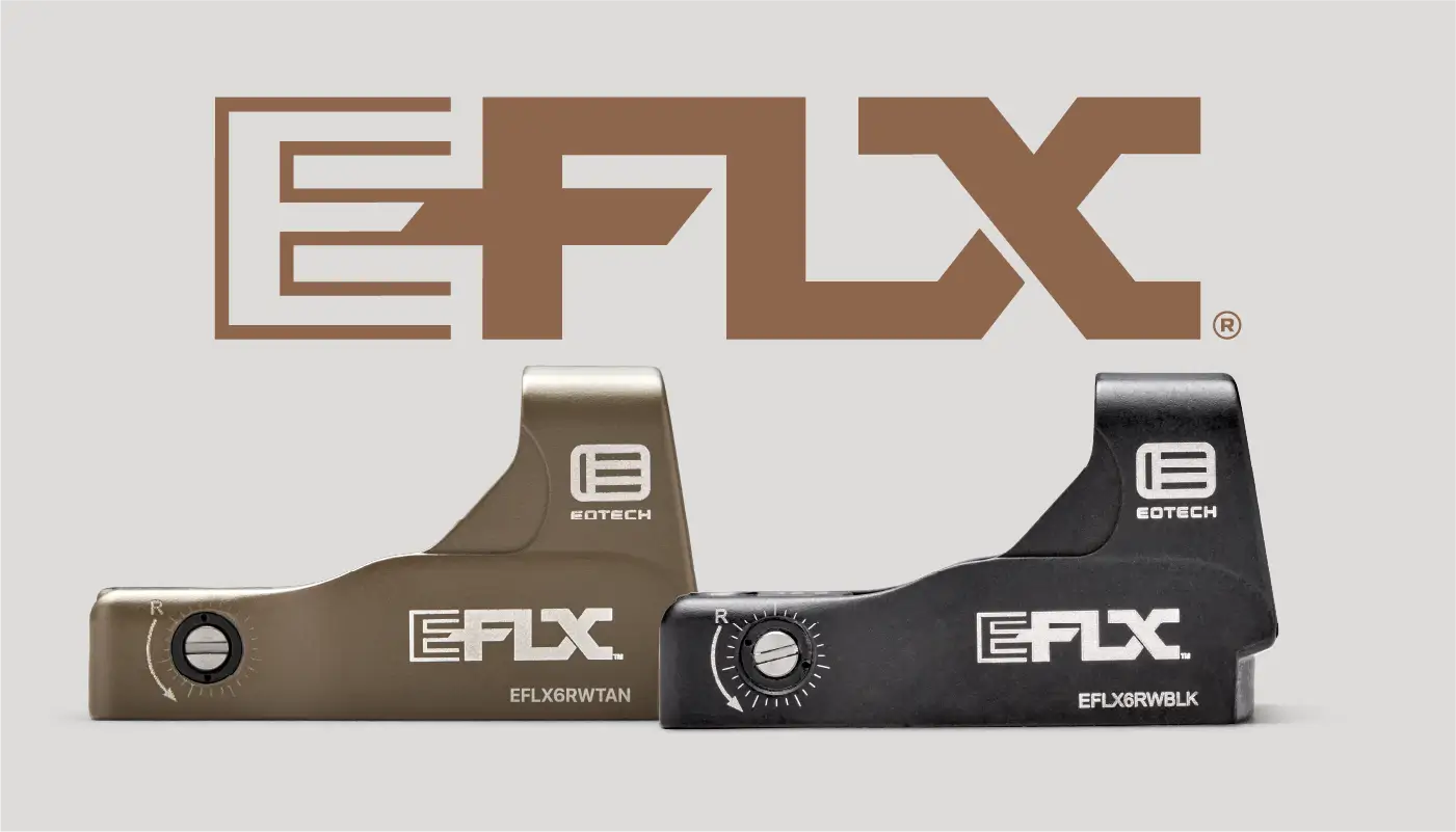 EOTECH EFLX red dot optic black and tan on grey background.