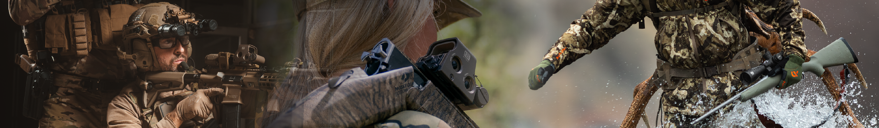 Collage of three images featuring military or tactical gear with a focus on EOTECH HWS and Vudu optics.