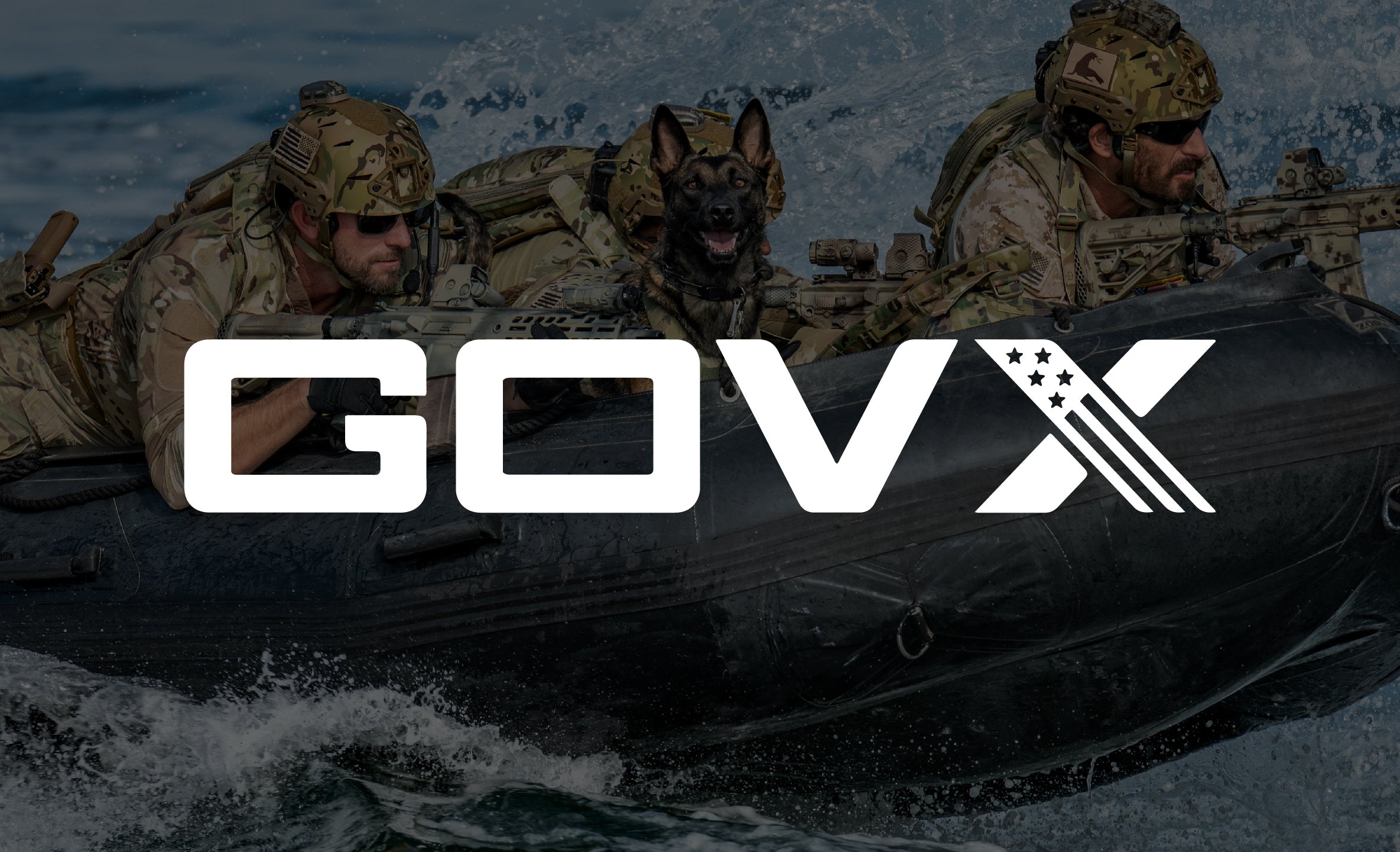 GOVX Logo two military men holding rifles with EOTECH HWS and dog in water