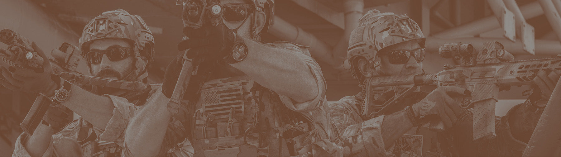 Three soldiers in tactical gear with weapons  and EOTECH HWS optics and magnifiers on a brown background