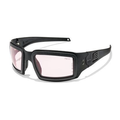 EOTECH x Fast Metal Halen ballistic protective glasses with black frame, rose-tinted lenses, and EOTECH temple logo, angled left view