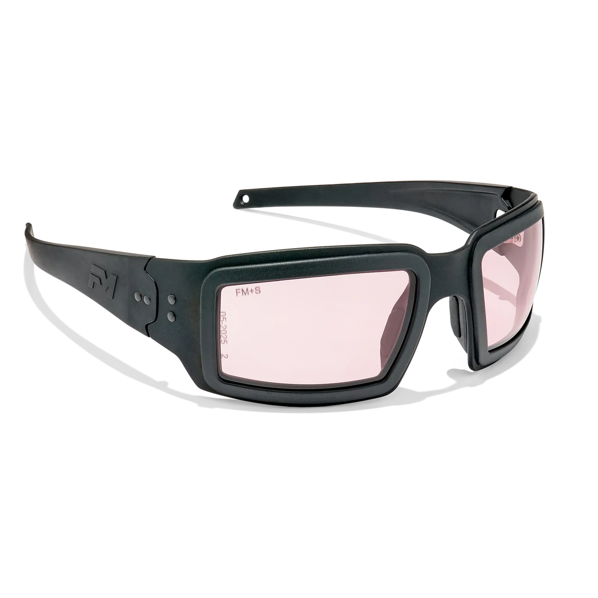 EOTECH x Fast Metal Halen protective eyewear with black wraparound frame, rose-tinted lenses, and Fast Metal temple logo, angled right view