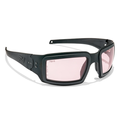 EOTECH x Fast Metal Halen protective eyewear with black wraparound frame, rose-tinted lenses, and Fast Metal temple logo, angled right view