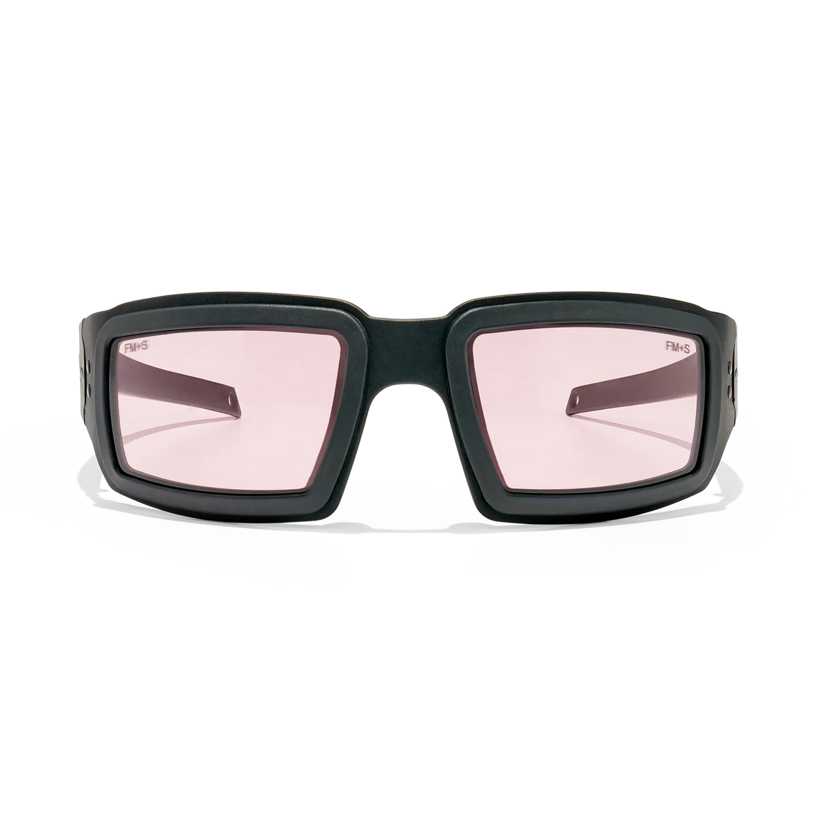 Front view of EOTECH Halen ballistic protective glasses with black aluminum frame and rose-tinted lenses