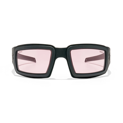 Front view of EOTECH Halen ballistic protective glasses with black aluminum frame and rose-tinted lenses
