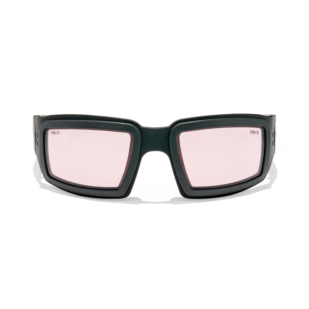 Front view of EOTECH Halen black protective eyewear frame with rose-tinted lenses and temples removed