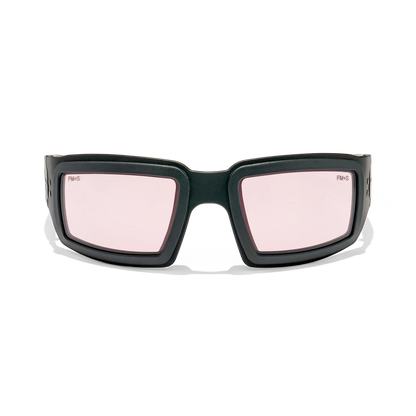 Front view of EOTECH Halen black protective eyewear frame with rose-tinted lenses and temples removed