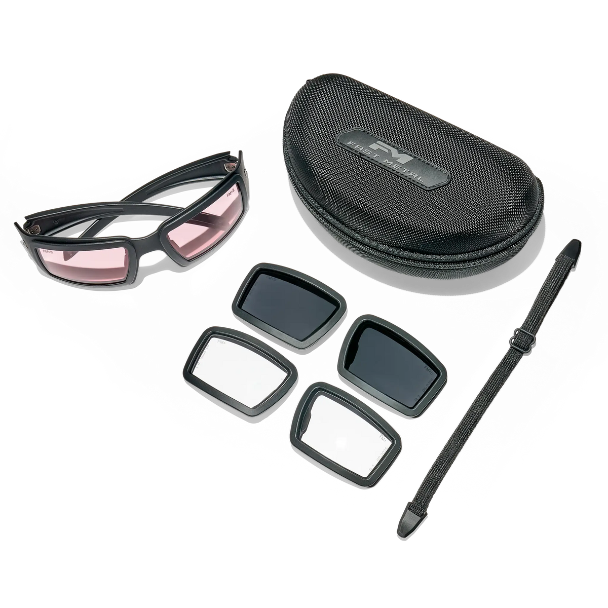 EOTECH x Fast Metal Halen protective eyewear kit with black glasses, interchangeable clear and gray lenses, hard case, and retention strap