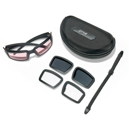 EOTECH x Fast Metal Halen protective eyewear kit with black glasses, interchangeable clear and gray lenses, hard case, and retention strap