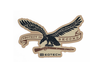 Sticker with an eagle design and text 'Protect the Second' by EOTECH on a beige background