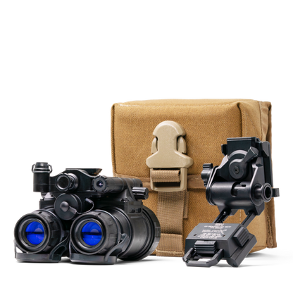 Tan Tactical pouch with EOTECH night vision binos and mount on a white background