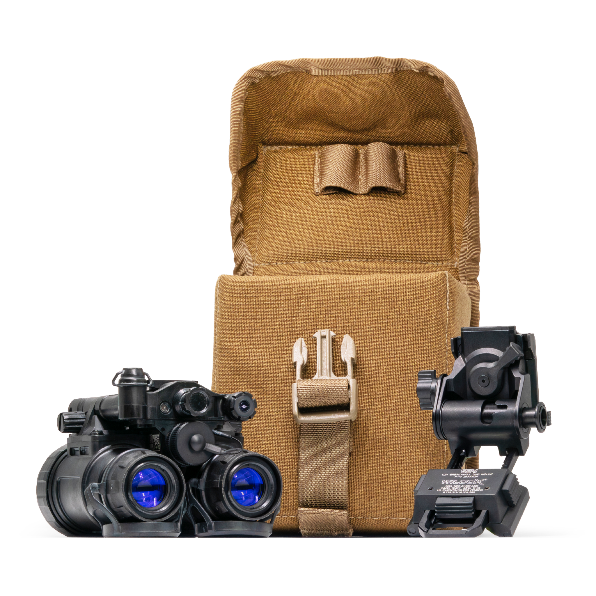 Tan Tactical pouch with EOTECH night vision binos and mount on a white background