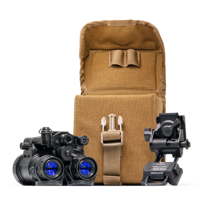 Tan Tactical pouch with EOTECH night vision binos and mount on a white background