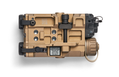 Tan EOTECH OGL On Gun Laser bottom view on white background.