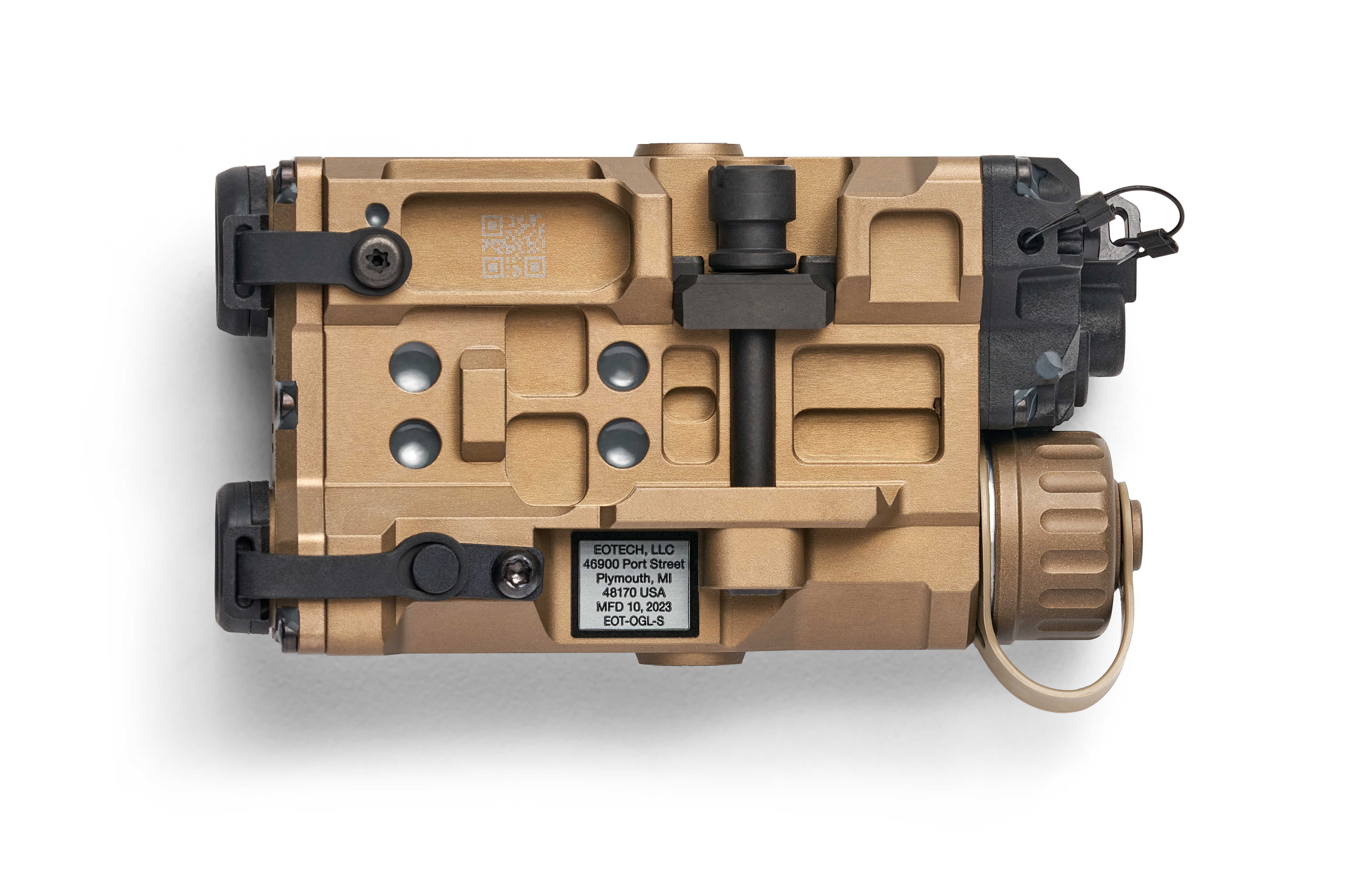 Tan EOTECH OGL On Gun Laser bottom view on white background.