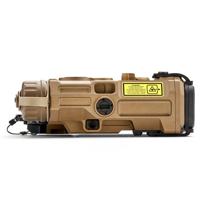 Tan EOTECH OGL On Gun Laser side view on white background.