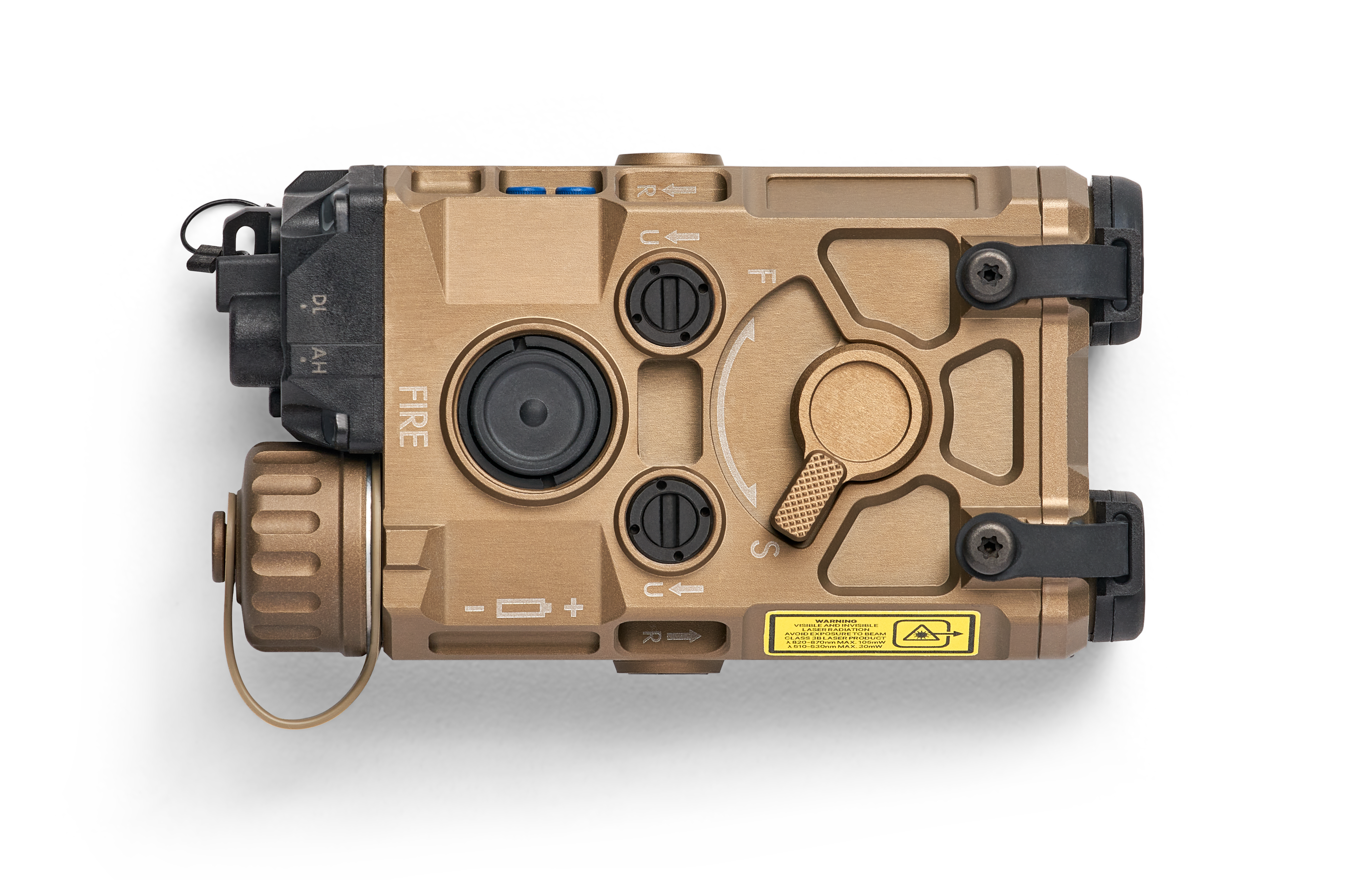 Tan EOTECH OGL On Gun Laser bottom view on white background.