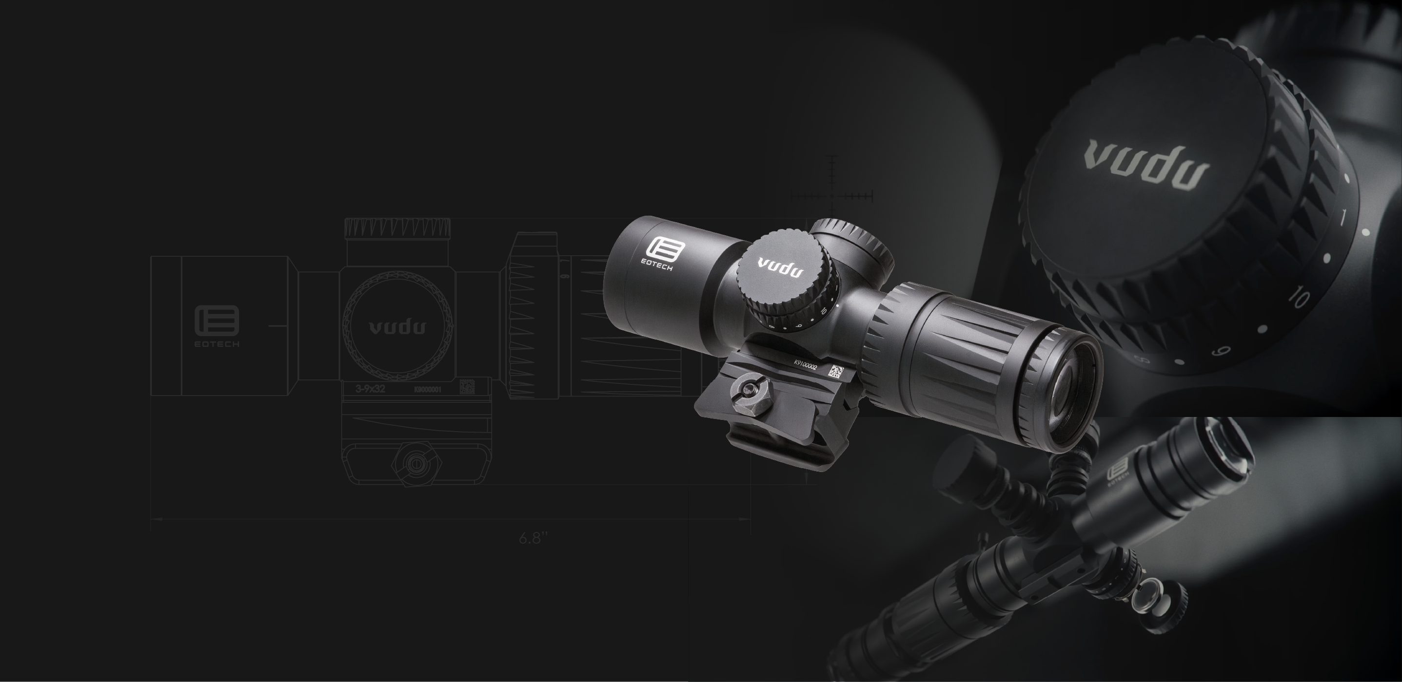 Black and white image of a EOTECH Vudu scope on a dark background