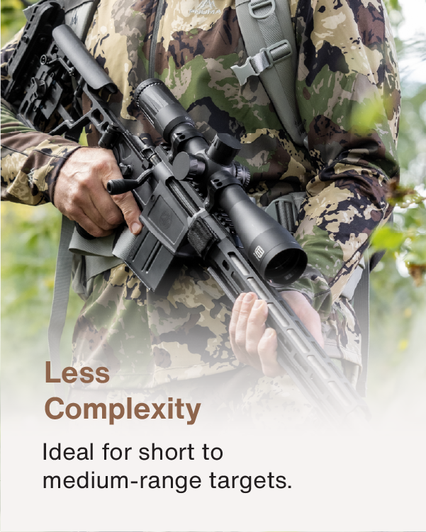 Person in camouflage holding a rifle with EOTECH Vudu scope, text 'Less Complexity Ideal for short to medium-range targets.'